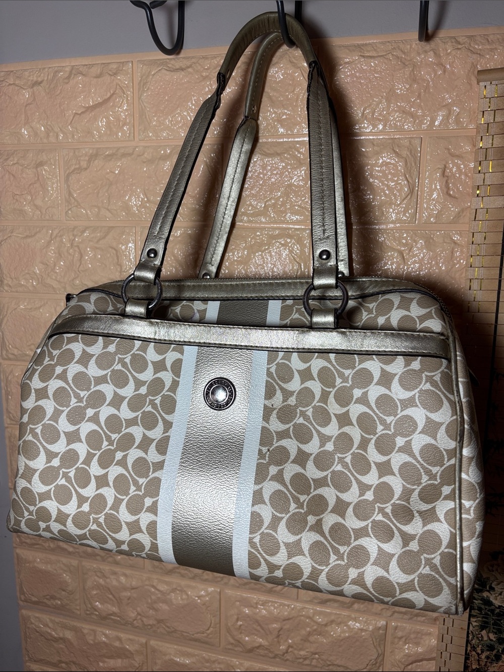 Coach Chelsea Heritage Signature Stripe Satchel Bag in Light Khaki and Silver - Picture 16 of 17